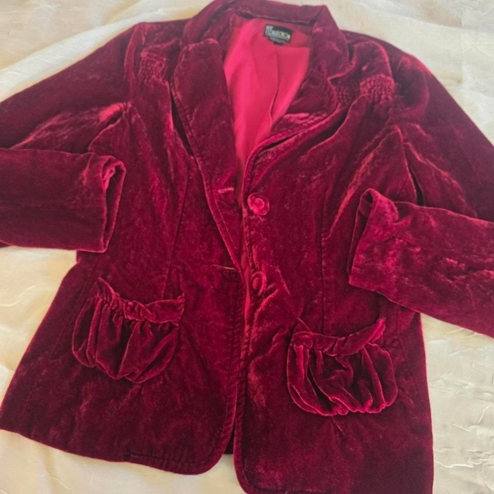 NY Collection Burgundy Velvet Blazer Smocked Shoulder Goth Academia Jacket Small